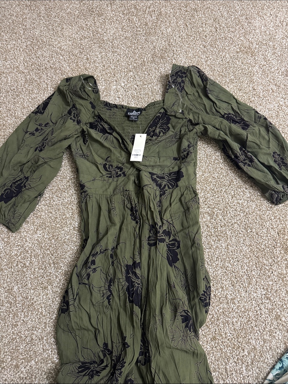 Angie Olive Green Floral Midi Dress with Black Print